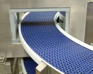Metal detection unit above conveyor for a pet food production line